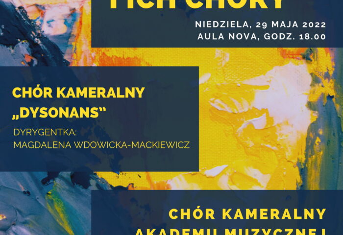 Afisz może zachęcać do przyjścia na koncert Pedagorzy i ich chóry w dniu 29 maja, projekt jet kolorowy, na granatowych kwadratach na żółto wypisne są informacje na temat wykonawców