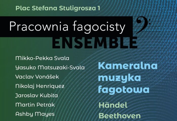 Ciemno-zielony plakat zawiera informacje o wykonawcach koncertu Pracowni Fagocisty