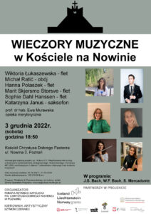 Na szarym tle zdjęcia wykonawców i informacje na temat spektaklu mikołajkowego dla dzieci - O ósmej na arce