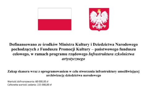 Tablica informująca o dofinansowaniu ze środków Ministra Kultury, zawiera symbole narodowe - flagę Polski i godło Polski na białym tle, nad nazwą programu